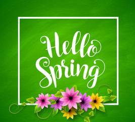 Wall Mural - hello spring vector banner design in green textured background with realistic colorful flowers, vine
