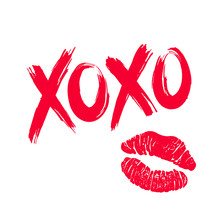 XOXO Hugs And Kisses Brush Lettering And Lipstick Kiss On A White Background. Vector.