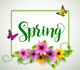 Wall Mural - Spring vector typography with colorful flowers, leaves, vines and butterflies in a boarder with white background. Vector illustration.
