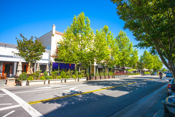 Castro Street in downtown Mountain View, California, USA.  Morning sunshine.