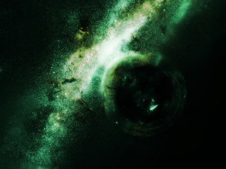 Wall Mural - black hole with gravitational lens effect deforms space and time (3d illustration, elements of this 