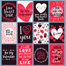 Vector Card Set For Valentines Day. Black, Red And White Poster Collection With Hand Written Brush Lettering. Romantic Collection For Your Design.