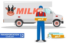 Transportation Concept. Detailed Illustration Of Driver, Farmer And Milk Truck On White Background In Flat Style. Vector Illustration.