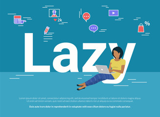 Wall Mural - woman sitting with laptop on letters lazy and working, hands typing a message in social networks. fl