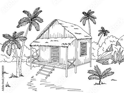 Jungle hut house graphic black white sketch illustration ...