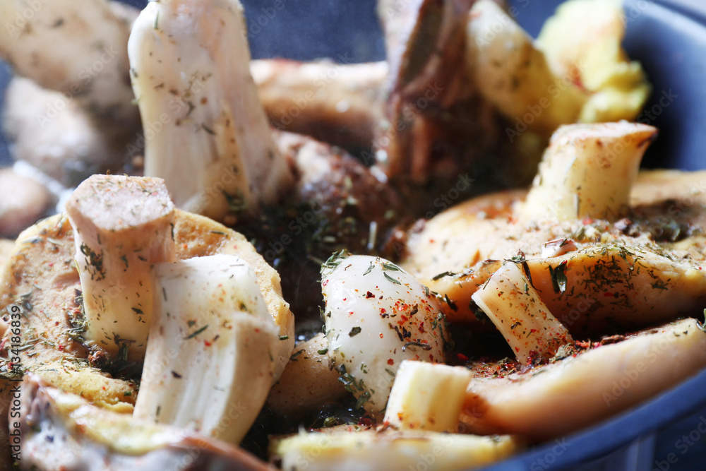 Preparation of delicious mushrooms, closeup