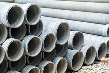 Stacked Of Industrial Concrete Drainage Pipes For Construction