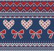 Seamless pattern on the theme of holiday Valentine's Day with an image of the Norwegian and fairisle patterns. Red, white bows and hearts on a blue background. Vector Illustration