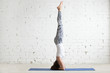 Young attractive woman practicing yoga, standing in salamba sirsasana exercise, headstand pose, working out wearing sportswear, pants, top, indoor full length, white loft studio background