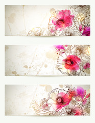 Fototapete - Hand drawn floral vintage illustrations. Set of three backgrounds with flowers branch and poppies. Abstract watercolor blots.