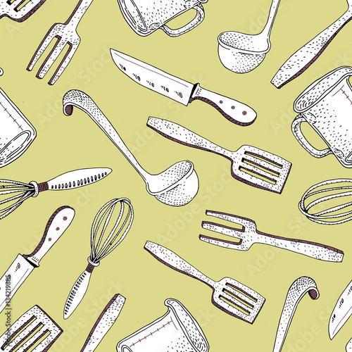 Naklejka - mata magnetyczna na lodówkę Vector hand drawn kitchen tools seamless pattern.