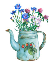 Vintage Blue Metal Teapot With Strawberries Pattern And Bouquet Of Wild Flowers. Hand Drawn Watercolor Painting On White Background.
