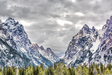 Grand Teton Mountains In Wyoming National Park With Cloudy Storm