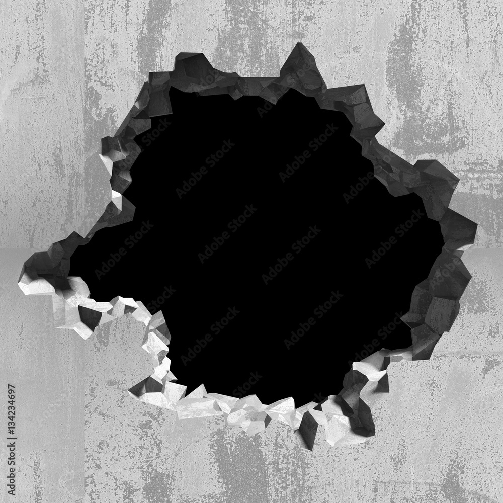 Explosion hole in concrete cracked wall. Industrial background - obrazy, fototapety, plakaty 