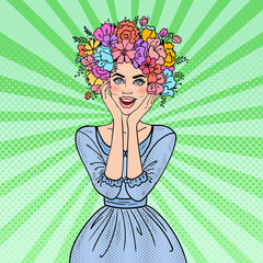 Wall Mural - Pop Art Beautiful Woman in Love with Flowers Hairstyle. Vector illustration