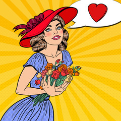 Wall Mural - Pop Art Young Woman in Love with Flowers Bouquet. Vector illustration