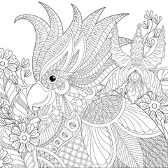 Wall Mural - Exotic zentangle cockatoo parrot for adult anti stress coloring