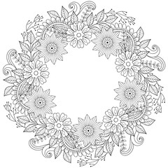 Wall Mural - Floral doodles wreath in zentangle ornamental style. Vector circ