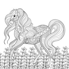 Wall Mural - Racing horse adult anti stress coloring page. Hand drawn zentang