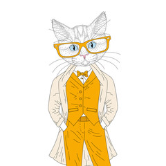 Vector cute anthropomorphic cat boy in elegant suit with coat, g