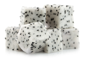 pitaya or dragon fruit cube slices isolated on the white backgro