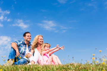 Family sitting in green grass on meadow