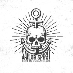 Poster - Marine tattoo logo - a skull pierced anchor in retro style. Vector illustration. Worn textures on a separate layer - easy to disable.