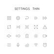 Settings thin icon set - menu, pinion, next, reload, zoom, attention, mute, switch, battery, video, microphone, wi fi, clock and others simple vector symbols. Internet and technology signs.
