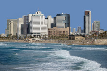 Tel Aviv, Waterfront Promenade Along The Mediterranean And Modern Office Buildings And Hotels