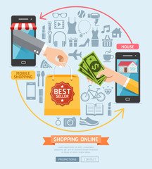 Wall Mural - business marketing online conceptual. businessman hands holding shopping bag to women customers. vec