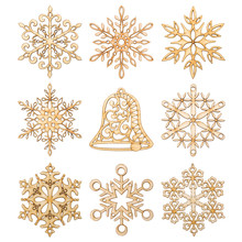 Set Of Christmas Snowflakes And  Hand Bell Shape Decoration Made Wood Tree Isolated On White