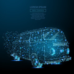 Aufkleber - Abstract image of Surfer van in the form of a starry sky or space, consisting of points, lines, and shapes in the form of planets, stars and the universe. Travel vector wireframe concept