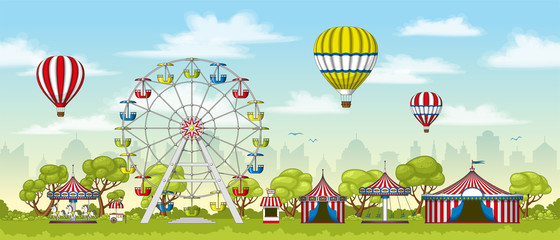 Wall Mural - Illustration of an amusement park in summer