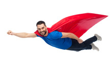 Happy Man In Red Superhero Cape Flying On Air
