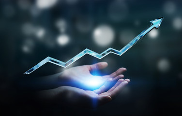 Aufkleber - Businesswoman holding digital blue arrow 3D rendering