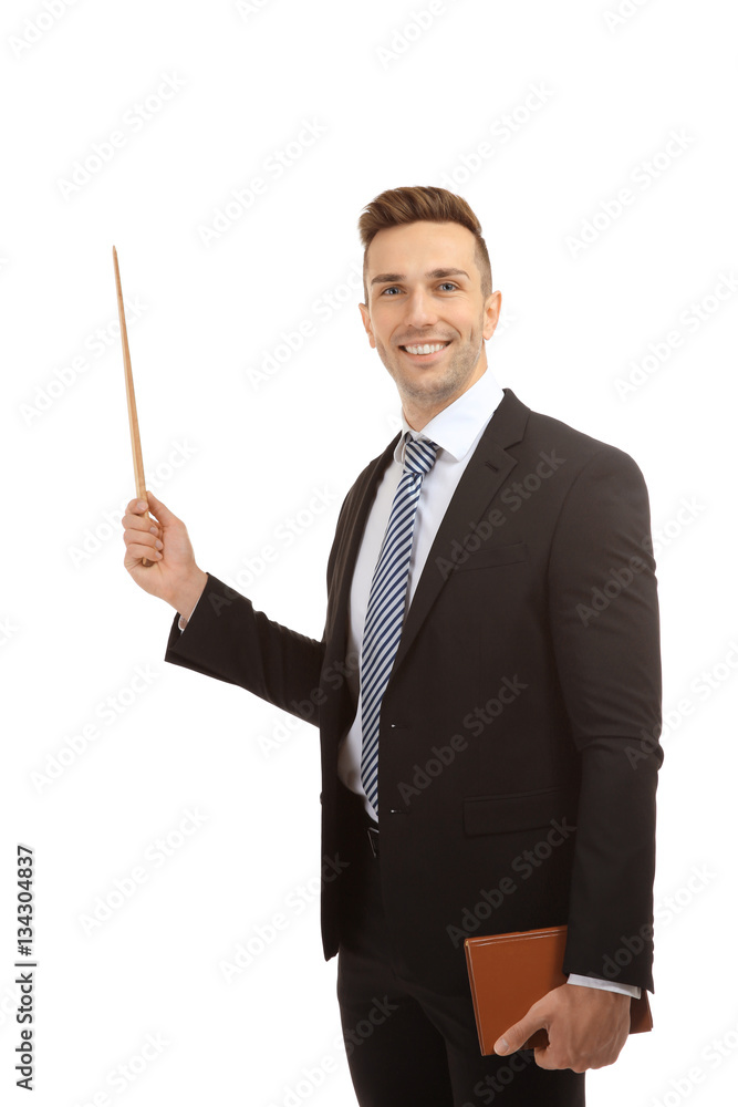Young male teacher with pointer on white background