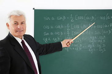 Wall Mural - Senior teacher with pointer explaining lesson beside blackboard on white background