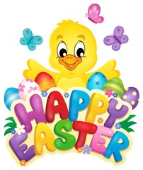 Wall Mural - Happy Easter sign with chicken and eggs