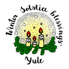 Yule (winter Solstice Day) Greeting Card With Candles And Fir Branches.