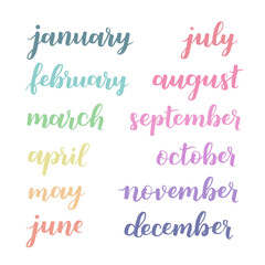 Wall Mural - Calligraphic set of months of the year. Brush handwritten Hand lettering names of months. Calligraphic isolated set in multicolored ink on white isolated background. Vector illustration