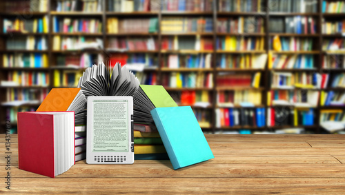 Photographie E-book reader Books and tablet library background 3d illustratio