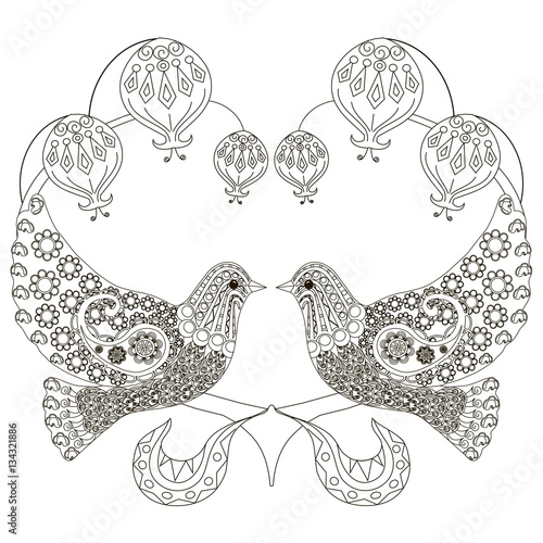Black and white sketch of pigeons stylized heart anti stress coloring