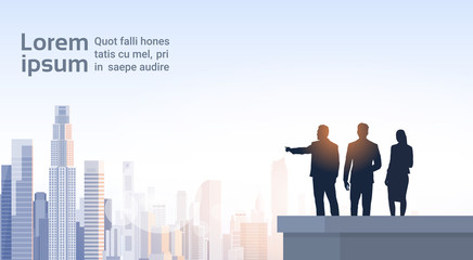 Canvas Print - Business People Group Silhouettes On Office Building Roof Over City Landscape Vector Illustration