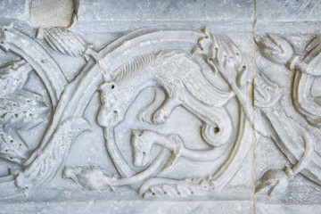 (Umbria, Italy)- Stone carved decorations in Saint Francis of Assisi basilica, neo-gothic style. 