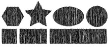 Set: Schraffierte Hintergründe In Verschiedenen Formen: Banner, Rechteck, Quadrat, Kreis, Oval, Stern, Sechseck / Schwarz-weiß, Vektor, Freigestellt