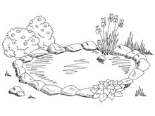 Pond Graphic Black White Landscape Sketch Illustration Vector