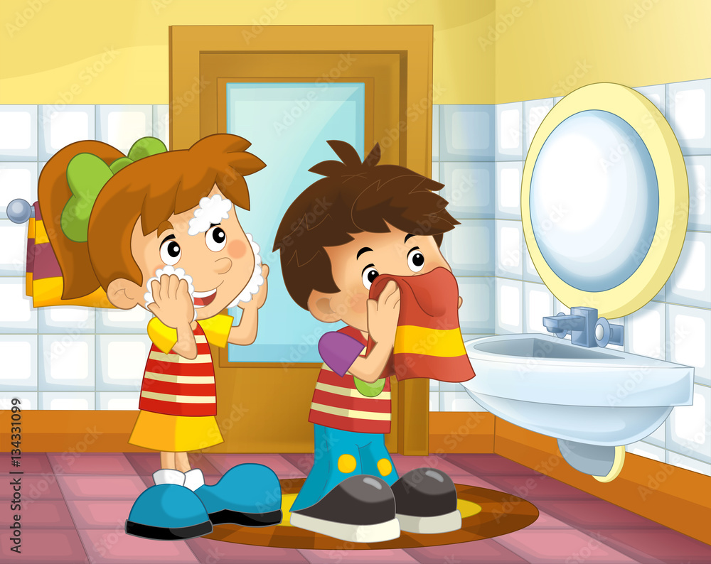 Ilustração do Stock Cartoon kids in the bathroom - girl and boy washing  face and wiping face with towel - illustration for children | Adobe Stock, image size:1000x794