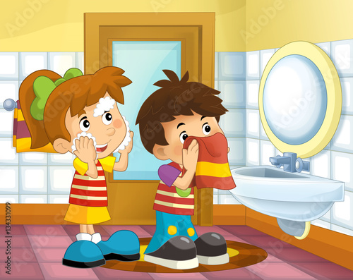 Cartoon kids in the bathroom - girl and boy washing face and wiping