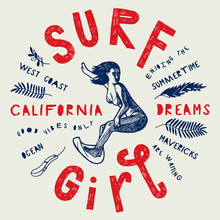Surf Girl California Dreams Tropical Ocean T-shirt Print Design.