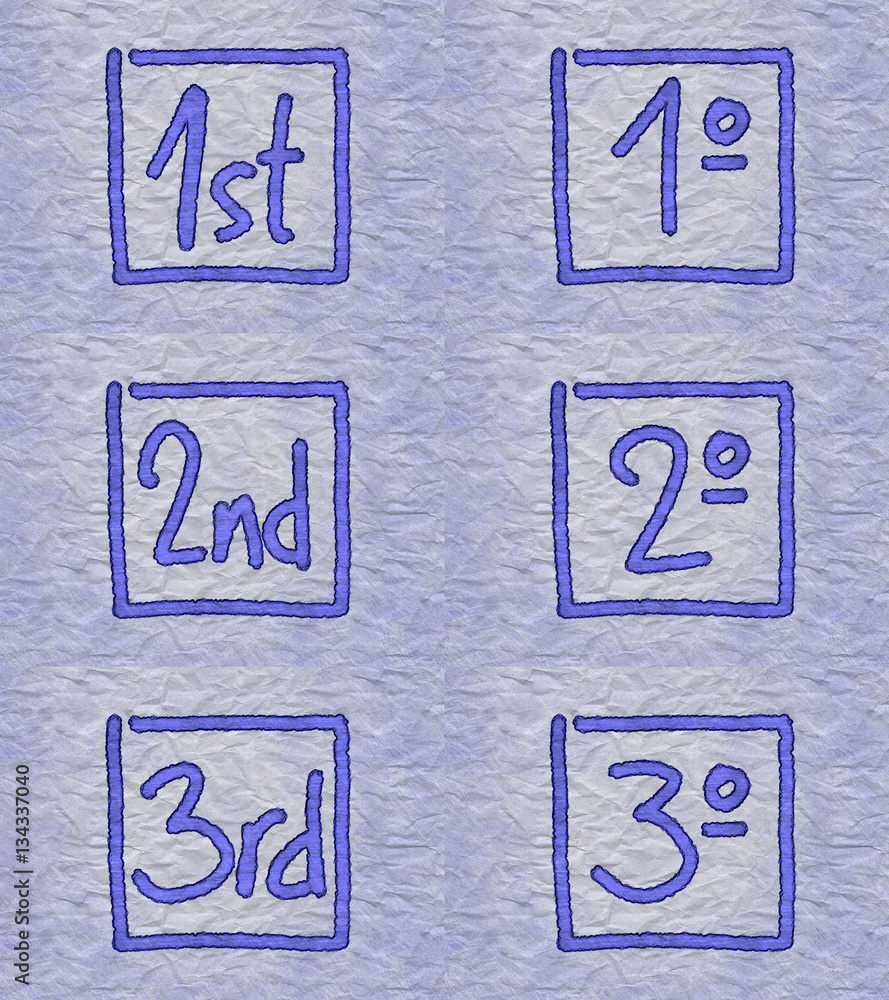 Ordinal numbering, first, second and third, written in English and ...